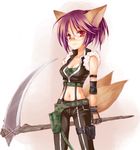  animal_ears belt breasts cleavage fingerless_gloves fox_(trickster) fox_ears fox_tail glasses gloves medium_breasts midriff mofmof_(sousa) navel purple_hair red_eyes scythe solo standing tail trickster 