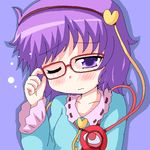  adjusting_eyewear bespectacled blush geetsu glasses komeiji_satori one_eye_closed purple_eyes purple_hair short_hair solo touhou 