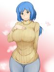  bad_id bad_pixiv_id blue_hair breasts covered_nipples curvy denim green_eyes gundam gundam_build_fighters highres huge_breasts iori_rinko jeans long_hair looking_at_viewer maki_ikazuya mature pants ponytail ribbed_sweater scrunchie smile solo sweater wide_hips 