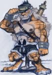  anthro armor baldric belt biceps big_muscles black_fur black_nose blue_eyes body_markings bracelet chest claws clothing feline front_view fur grin hat jewelry male mammal markings muscles nipples orange_fur pecs pose shorts smile solo standing stripes sword tiger toe_claws toned topless warrior weapon white_fur 