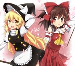  apron arm_up ascot bad_id bad_pixiv_id black_dress blonde_hair bow braid brown_eyes brown_hair detached_sleeves dress hair_bow hair_tubes hakurei_reimu hand_on_headwear hat hat_bow heart juliet_sleeves kirisame_marisa long_hair long_sleeves multiple_girls open_mouth petals pose puffy_sleeves saibi shirt single_braid skirt skirt_set smile touhou very_long_hair waist_apron white_bow witch_hat yellow_eyes 