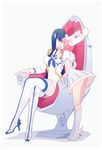  ankle_wings black_hair boots chair closed_eyes crossed_legs dress hand_on_another's_face hat height_difference highres jakuzure_nonon junketsu kill_la_kill kiryuuin_satsuki kiss long_hair multiple_girls pink_hair sako shako_cap shoes short_hair sidelocks sitting thigh_boots thighhighs throne uniform winged_hat winged_shoes wings yuri 