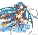  blue_hair breasts chain cleavage dual_wielding hair_ornament hiiro_(kikokico) holding japanese_clothes kama_(weapon) long_hair medium_breasts midriff navel purple_eyes sangoku_infinity sickle solo thighhighs weapon zettai_ryouiki 