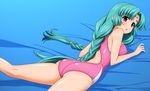  absurdres braid canal_vorfeed competition_swimsuit facial_mark forehead_mark green_hair highres long_hair lost_universe lying on_stomach one-piece_swimsuit purple_eyes sugimura_tomokazu swimsuit twin_braids twintails 