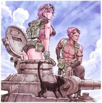  1girl abs ammunition_pouch ass backpack bag biceps bikini black_cat blue_sky bracer breasts canteen cat copyright_request day gloves goggles goggles_on_head ground_vehicle heart_tattoo large_breasts load_bearing_equipment military military_vehicle motor_vehicle muscle pouch shirtless sky stuffed_animal stuffed_toy swimsuit tan tank tattoo teddy_bear turret vehicle_request yamashita_shun'ya 