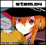  angela_(arisaka_ako) arisaka_ako bad_id bad_pixiv_id black_border border brown_eyes brown_hair circle_cut halloween hat jack-o'-lantern lowres original pumpkin smile solo watermark web_address witch_hat 