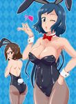  animal_ears ass blown_kiss blue_eyes blue_hair bow bowtie breasts brown_eyes brown_hair bunny_ears bunnysuit cleavage covered_navel covered_nipples embarrassed fake_animal_ears fishnet_pantyhose fishnets gundam gundam_build_fighters hand_on_hip heart iori_rinko kousaka_china large_breasts leotard lips long_hair looking_back mature multiple_girls one_eye_closed pantyhose short_hair tears tj-type1 wrist_cuffs 