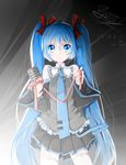  baozihuojun blue_eyes blue_hair detached_sleeves hatsune_miku light long_hair looking_at_viewer microphone necktie ribbon smile solo thighhighs very_long_hair vintage_microphone vocaloid 