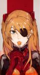  1girl blue_eyes candy evangelion:_3.0_you_can_(not)_redo eyepatch food freckles highres hiranko lollipop long_hair looking_at_viewer neon_genesis_evangelion orange_hair plugsuit rebuild_of_evangelion solo soryu_asuka_langley two_side_up 