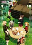  absurdres anchovy anzio_military_uniform assam black_shirt black_tea boots calendar_(medium) carrying caterpillar_tracks chair creamer_(vessel) cup darjeeling day dress_shirt drill_hair drinking food from_above garrison_cap girls_und_panzer grass grey_jacket ground_vehicle hat highres itou_takeshi itsumi_erika jacket katyusha kuromorimine_military_uniform long_sleeves military military_uniform military_vehicle motor_vehicle multiple_girls necktie nishizumi_maho nonna official_art orange_pekoe outdoors plate pleated_skirt pointing_finger pravda_school_uniform red_skirt saucer shirt shoulder_belt shoulder_carry sitting skirt smile st._gloriana's_military_uniform standing table tank tea tea_party teacup tiger_i twin_drills twintails uniform 