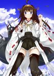  aircraft airplane bad_id bad_pixiv_id bare_shoulders black_legwear blue_eyes blue_sky blush boots brown_hair cannon cloud day detached_sleeves double_bun hair_ornament hairband headgear japanese_clothes kantai_collection kongou_(kantai_collection) long_hair nontraditional_miko skirt sky smile solo splashing thigh_boots thighhighs toake_mikage turret water 