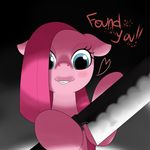  blue_eyes english_text equine female feral friendship_is_magic fur hair hair_over_eye hair_over_eyes horse hoyeechun knife long_hair looking_at_viewer mammal my_little_pony open_mouth pink_fur pink_hair pinkamena_(mlp) pinkie_pie_(mlp) pony smile solo text weapon 