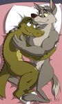  anthro anti_dev bed biceps canine crocodile crocpond cuddling cute eye_contact flaccid fur gay green_body green_scales grey_body grey_fur grey_penis happy hug interspecies lying male mammal nude on_side penis pillow predator/prey_relations reptile rompa scalie smile wink_(crocpond) wolf 