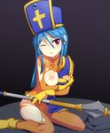  blue_hair blush bodysuit boots breast_hold breast_slip breasts caryo cross dragon_quest dragon_quest_iii gloves long_hair mace medium_breasts mitre nanashino nipples one_breast_out one_eye_closed orange_bodysuit parted_lips priest_(dq3) red_eyes sitting solo tabard tears torn_bodysuit torn_clothes wariza weapon wince yellow_gloves 