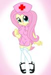  blush clothing equestria_girls female fluttershy_(eg) green_eyes hair hands hat high_heels human legwear looking_at_viewer mammal my_little_pony nurse pink_hair pyruvate simple_background solo stockings uniform 