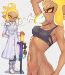  1girl arm_up armpits blonde_hair boots bottomless breasts cleavage coat collarbone dark_skin erect_nipples full_body hair_up highres inkling jtveemo looking_at_viewer medium_breasts navel pointy_ears serious solo splat_charger_(splatoon) splatoon_(series) sports_bra standing stomach tentacle_hair toned weapon white_coat white_footwear yellow_eyes 