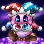  2boys big_eyes blue_eyes blush boots bow bowtie brown_boots hat heterochromia jester_cap kirby kirby_(series) marx marx_soul multiple_boys nintendo no_humans smile 