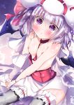  bat_wings blue_hair blush breasts corset grey_legwear hat highres looking_at_viewer nagii_yuki nipples open_clothes open_shirt purple_eyes remilia_scarlet shirt silver_hair sitting skirt small_breasts solo thighhighs topless touhou v_arms wings zettai_ryouiki 