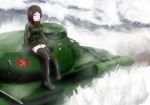  1girl artist_request blue_eyes breasts day emblem girls_und_panzer ground_vehicle highres is-2 military military_vehicle motor_vehicle nonna one_eye_closed pravda_(emblem) pravda_military_uniform shirt short_hair skirt snow solo tank thighhighs 