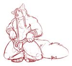  abs anthro belt biceps bulge canine chest claws crouching fluffy_tail fox fur leash male mammal maneater muscles pecs pose shyloc sketch solo toe_claws topless underwear undressing wolf 