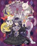  bigger_version_at_the_source black_clothing black_dress braixen canine diamond_background espurr fennec fox headband hex_maniac japanese_text jellicent mewtwo nintendo pok&eacute;mon pokepuff stick text video_games 