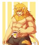  abs abstract_background anthro banana belt biceps big_muscles blonde_hair brown_fur brown_nose bulge chest chest_tuft chocolate clothing ear_piercing fangs feline fruit fur hair lion male mammal mane muscles open_mouth orange_eyes pecs piercing pocky pose rabbity shorts solo standing tan_fur teeth toned tongue topless tuft 