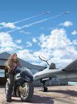 aircraft airplane blonde_hair blue_sky cloud condensation_trail day evokid fighter_jet ground_vehicle hangar helmet highres jacket jet military military_vehicle motor_vehicle motorcycle original realistic signature sky solo 
