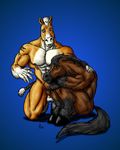  abs anthro balls biceps big_muscles blue_eyes crouching duo equine fur gay green_eyes gripping hair holding horse kneeling male mammal muscles nipples nude pecs plain_background pose sad sitting sudonym tattoo toned white_hair 