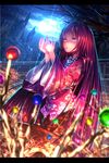  blurry bow branch brown_eyes depth_of_field energy_ball floral_print houraisan_kaguya japanese_clothes jeweled_branch_of_hourai letterboxed long_hair long_sleeves night open_mouth purple_hair ryosios shirt skirt sky solo standing touhou tree very_long_hair wide_sleeves 