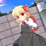  ascot backpack bag blonde_hair blue_sky blush cat cloud day hair_ribbon lens_flare nikku_(ra) randoseru red_eyes ribbon rumia shirt skirt skirt_set sky smile solo touhou vest wall younger 