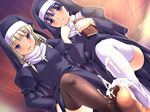  2girls arise_mayu bible blonde_hair blue_eyes blush censored cross cum cum_on_body cum_on_clothes cum_on_lower_body double_footjob dutch_angle feet footjob game_cg hitozuma_cosplay_kissa_2 long_hair m&amp;m multiple_footjob multiple_girls no_shoes nun penis purple_hair saionji_lisa smile thighhighs toes twintails white_legwear 