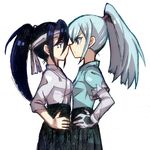  2girls blue_hair breast_contest breast_press breasts character_request eye_contact face-to-face gloves hakama hands_on_hips inazuma_eleven_(game) inazuma_eleven_(series) inazuma_eleven_go inazuma_eleven_go_chrono_stone japanese_clothes long_hair looking_at_another medium_breasts multiple_girls noses_touching ponytail profile simple_background standing symmetrical_docking white_background 