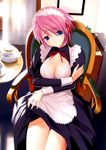  absurdres apron blue_eyes bra breasts cleavage cup highres hima kisaki_mio lace lace_bra large_breasts maid maid_headdress pink_hair scan short_hair sitting skirt skirt_lift solo teacup teapot underwear walkure_romanze white_bra 