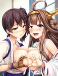 :d ahoge blush breast_press breasts brown_eyes brown_hair gloves hair_bun headgear heart heart_hands heart_hands_duo highres japanese_clothes kaga_(kantai_collection) kantai_collection kimono kongou_(kantai_collection) large_breasts long_hair md5_mismatch multiple_girls muneate open_clothes open_mouth partly_fingerless_gloves purple_eyes ribbon-trimmed_sleeves ribbon_trim side_ponytail smile sweat symmetrical_docking tasuki uni8 yugake 