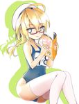  ahoge bare_shoulders blonde_hair blue_eyes book breasts glasses hat i-8_(kantai_collection) jirai_souchou kantai_collection low_twintails medium_breasts one-piece_swimsuit red-framed_eyewear school_swimsuit semi-rimless_eyewear smile solo swimsuit thighhighs twintails under-rim_eyewear white_legwear 