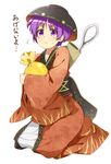  :c bowl bowl_hat candy food hat japanese_clothes jurakin kimono long_sleeves looking_at_viewer minigirl needle obi object_hug purple_eyes purple_hair quiver sash short_hair simple_background sitting solo sukuna_shinmyoumaru sweatdrop touhou translation_request white_background wide_sleeves 