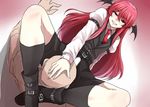  arm_belt belt buckle buttons censored commentary_request cosplay crossdressing grin hand_on_another's_head head_wings koakuma koakuma_(cosplay) long_hair male_focus multiple_boys necktie nicutoka otoko_no_ko penis red_eyes red_hair red_neckwear shirt shorts simple_background sitting sitting_on_face sitting_on_person smile straddling touhou vest white_shirt wings yaoi 