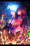  blurry bow branch brown_eyes depth_of_field energy_ball floral_print houraisan_kaguya japanese_clothes jeweled_branch_of_hourai letterboxed long_hair long_sleeves night open_mouth purple_hair ryosios shirt skirt sky solo standing touhou tree very_long_hair wide_sleeves 