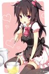  apron ascot between_legs black_legwear bow bowtie brown_hair character_request chiyingzai cooking hair_bow hand_between_legs heart ladle licking long_hair open_mouth original pink_eyes simple_background sitting solo thighhighs tongue two_side_up wariza zettai_ryouiki 