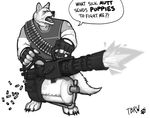  black_nose canine claws dialog english_text fangs fingerless_gloves gloves heavy_(team_fortress_2) male mammal minigun monochrome open_mouth plain_background solo standing team_fortress_2 text the-big-rad-wolf white_background wolf yelling 