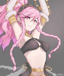  1girl armpits arms_up blush braid breasts fire_emblem fire_emblem:_kakusei grimmelsdathird hairband highres long_hair looking_at_viewer medium_breasts nintendo olivia_(fire_emblem) parted_lips pink_eyes pink_hair ponytail simple_background smile solo twin_braids upper_body 