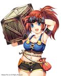 arm_up armband armpits blue_eyes box breasts cleavage gloves long_hair medium_breasts midriff navel original ponytail pouch red_hair rope shorts solo suoni_(deeperocean) wiping_forehead 