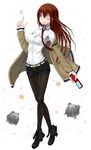  ;) akagi_kiyo ankle_boots black_legwear blue_eyes boots breasts brown_hair cellphone jacket long_hair makise_kurisu medium_breasts metal_upa necktie off_shoulder one_eye_closed pantyhose phone red_neckwear short_shorts shorts smile solo steins;gate 