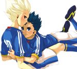  2boys blue_eyes blue_hair blush brown_eyes cuddling garamgum gouenji_shuuya inazuma_eleven inazuma_eleven_(series) looking_at_viewer lying lying_on_person male male_focus multiple_boys soccer_uniform spiked_hair spiky_hair sportswear sweatdrop teenage uniform utsunomiya_toramaru white_hair yaoi 