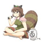  :t alcohol animal_ears barefoot brown_eyes brown_hair eating futatsuiwa_mamizou highres indian_style kusanagi_matabi leaf leaf_on_head raccoon_ears raccoon_tail sake sitting solo tail touhou 