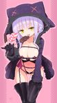  animal_hat black_gloves black_legwear blush breasts candy cat_hat character_name chocolate_banana cleavage covered_nipples crotch_cutout earrings food garter_belt gloves hat heart heart_cutout heart_earrings highres homura_subaru hood hoodie jewelry large_breasts leaning_forward licking lillian_ljungstrom lollipop long_hair looking_at_viewer navel original pasties pinky_out purple_hair smile solo star star_pasties thighhighs tongue tongue_out yellow_eyes 