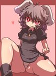  alternate_color animal_ears black_hair bunny_ears carrot carrot_necklace curly_hair hakika heart inaba_tewi jewelry naughty_face necklace panties panty_lift pendant red_eyes short_hair simple_background sitting smile solo thick_thighs thighs touhou underwear 