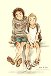  bandages black_hair blonde_hair child hood hoodie injury kris&amp;jen male_focus multiple_boys nanba_hibito nanba_mutta sandals shirt sitting t-shirt uchuu_kyoudai 