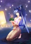  armlet barefoot blue_hair bracelet breasts candle dress haganef hair_intakes highres holding jewelry kneeling large_breasts long_hair mitsurugi_meiya muvluv necklace sky_lantern solo traditional_clothes very_long_hair water 
