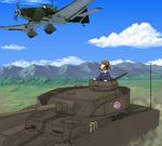  aircraft airplane anglerfish bad_id bad_pixiv_id brown_eyes brown_hair cloud commentary day emblem girls_und_panzer graphite_(medium) ground_vehicle headset highres horizon ju_87 looking_up military military_uniform military_vehicle mixed_media motor_vehicle mountain mountainous_horizon nishizumi_miho ooarai_military_uniform panzerkampfwagen_iv profile propeller shiratama_(hockey) short_hair sky smile tank traditional_media uniform 